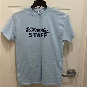 WATER WIZZ Staff Unisex size M Light Blue T-Shirt” Tiny yellow spots pictured”